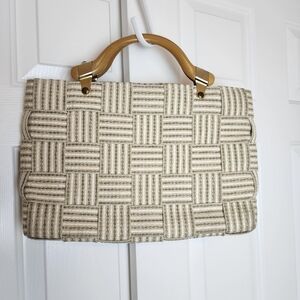 Carabella Vintage Italian Woven Cream Color Wooden Handle Women's Bag